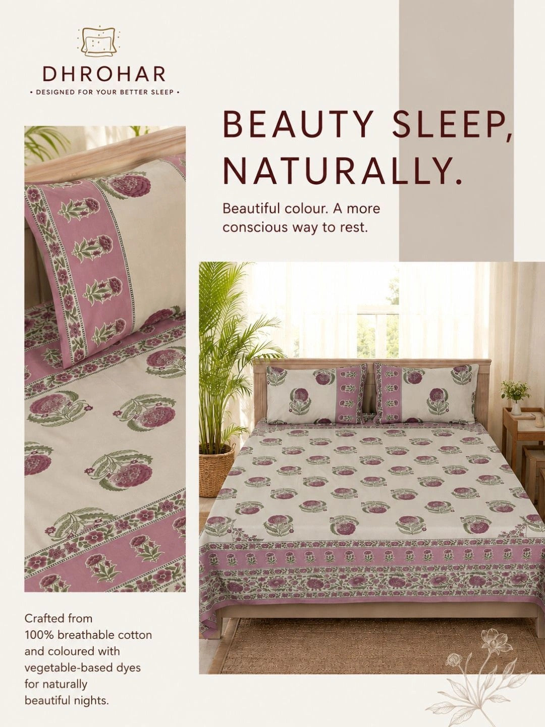 White & purple ethnic motifs king bedsheet